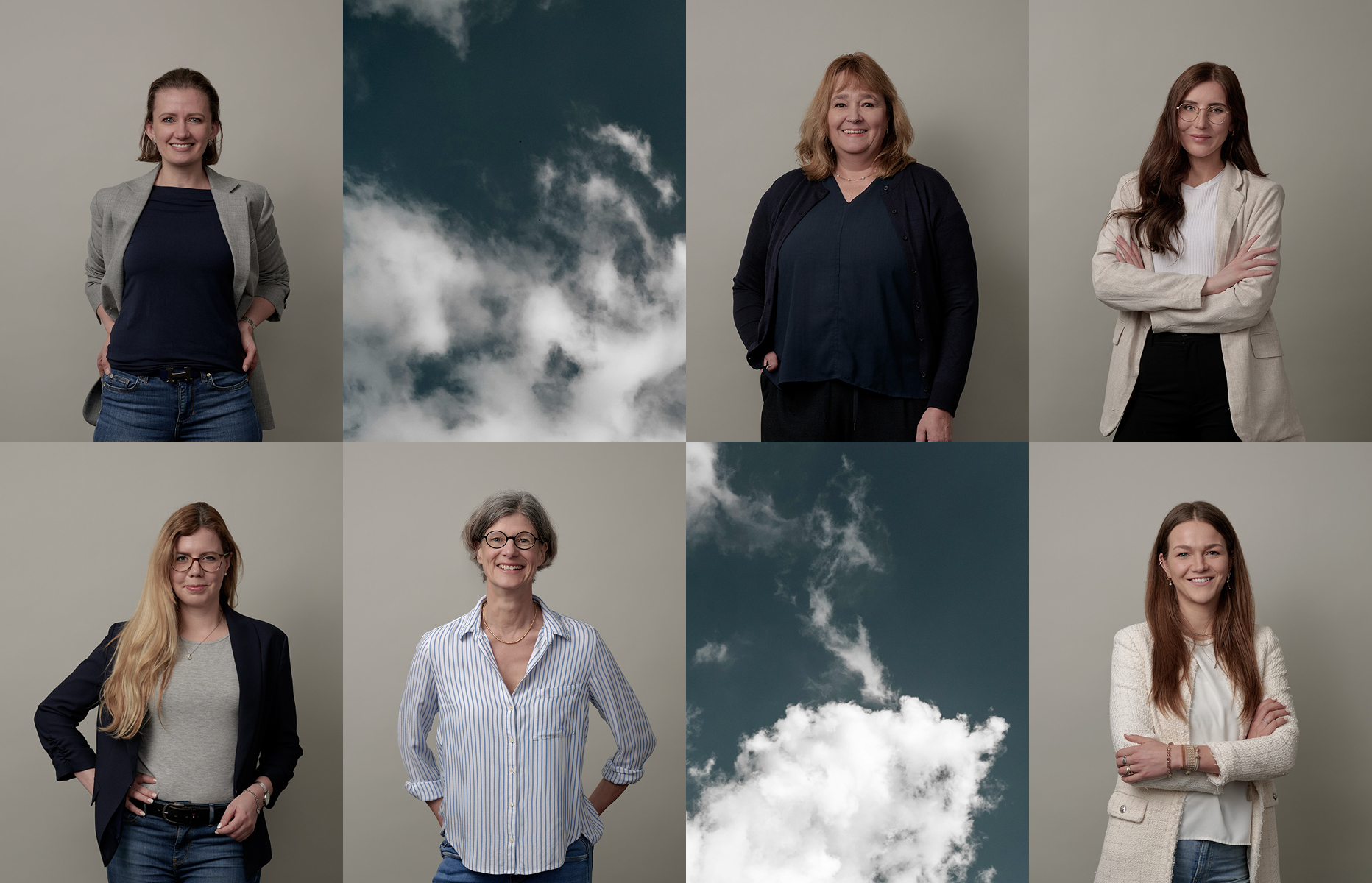 Grafik zeigt eine Collage von Teammitgliedern und Wolken. In der Reihenfolge von oben links nach unten rechts zu sehen sind: Frau Dr. Sabrina Zolg, Wolkenfoto, Frau Diana Zybell, Frau Isabelle Bartikowski, Frau Sieglinde Schmid, Frau Dr. Barbara Heiden, Wolkenfoto, Frau Annika Küper
