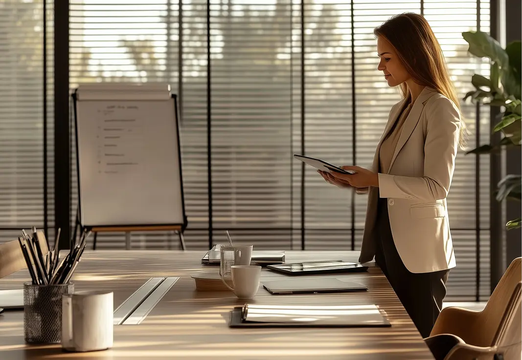 Frau in einem hellen Blazer steht an einem Tisch mit einem Tablet in der Hand in einem Büro.