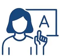 Grafische Darstellung einer Lehrerin, die auf einen Buchstaben A an einer Tafel zeigt.