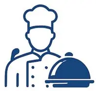 Grafische Darstellung eines Kochs mit einer Servierplatte in der Hand.