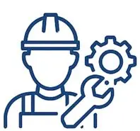 Ein Techniker mit einem Schraubenschlüssel und einem Zahnrad in der Hand, dargestellt in einer einfachen, blauen Linie.