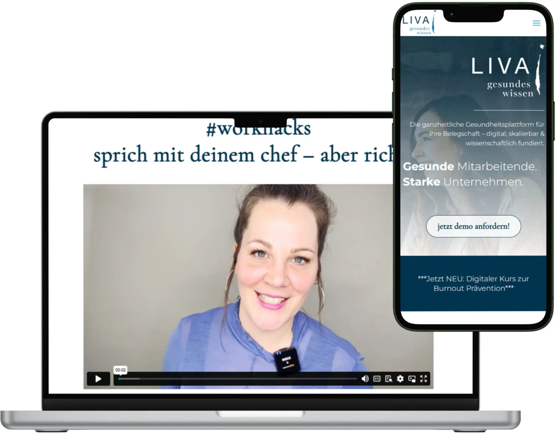 Laptop und Smartphone zeigen die LIVA Gesundheitsplattform mit einer Person, die spricht.