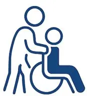 Grafik eines Pflegepersonals, das eine Person im Rollstuhl unterstützt.