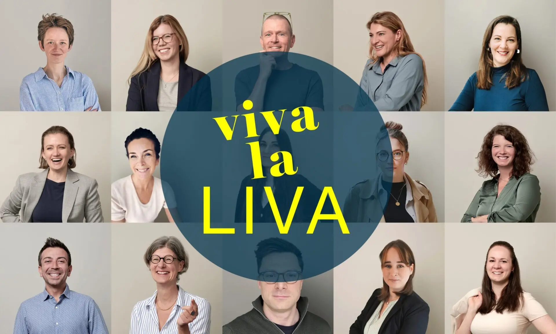 Eine Collage von Portraits verschiedener Personen mit dem Text 'viva la LIVA' in der Mitte.