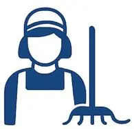 Symbol einer Reinigungskraft mit einem Reinigungsgerät in blauer Farbe.